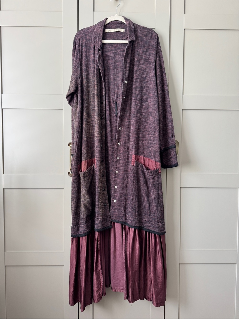 Cynthia Ashby thin Plum Linen Blend Coat Satin Silk Ruffle Tier Corset Detail